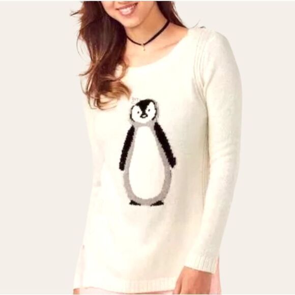 LC LAUREN CONRAD IVORY CREAM PENGUIN KNIT SWEATER DIAMOND RHINESTONE NOVELTY XS - Picture 2 of 15